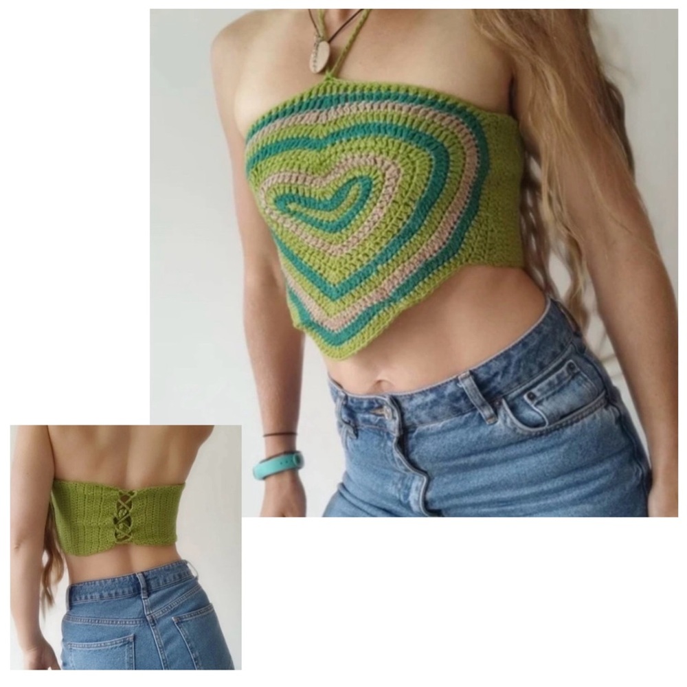 Heart Shape Crochet Cropped Top Lace Up Back Green Size Small Boho Festival